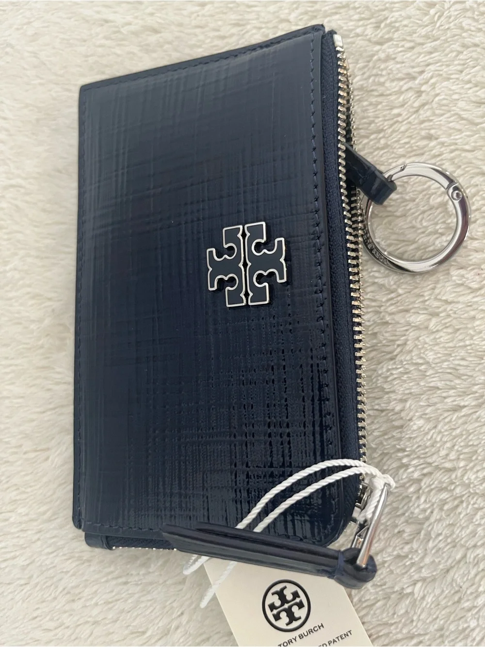 Tory Burch Navy Patent Zip Card Holder with Logo